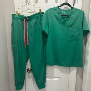 FIGS Emerald Scrub Set with Neon Pink Accents